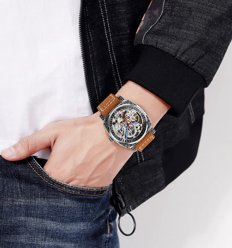 SKMEI Luxury Leather Strap Mens Automatic Watches Simple Mechanical Wristwatch Male Waterproof Clock reloj hombre 9271