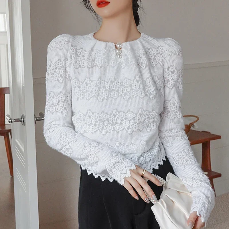 

Korean Beading Crochet Lace Shirt Women Vintage Korean Office Ladies Shirt Long Sleeve Autumn Fashion Casual Pleated Tops 29562