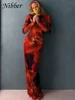 Nibber Colorful Print Dress Women Velvet See Through Skinny Full Sleeve Lace Hem Autumn Trend Stretch Casual Basic Long Bodycon 2