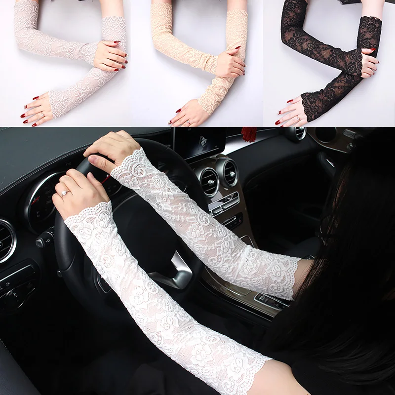 

New Summer Sexy Sunscreen Lace Arm Sleeve Women Arm Cover UV Protection Ice Arm Cuffs Lady Fingerless Driving Accessories Gloves