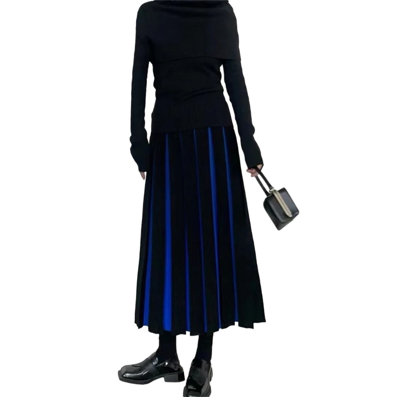 Korean Fashion High Waist Pleated Flared Colorblock Knitted Long Skirt for Women