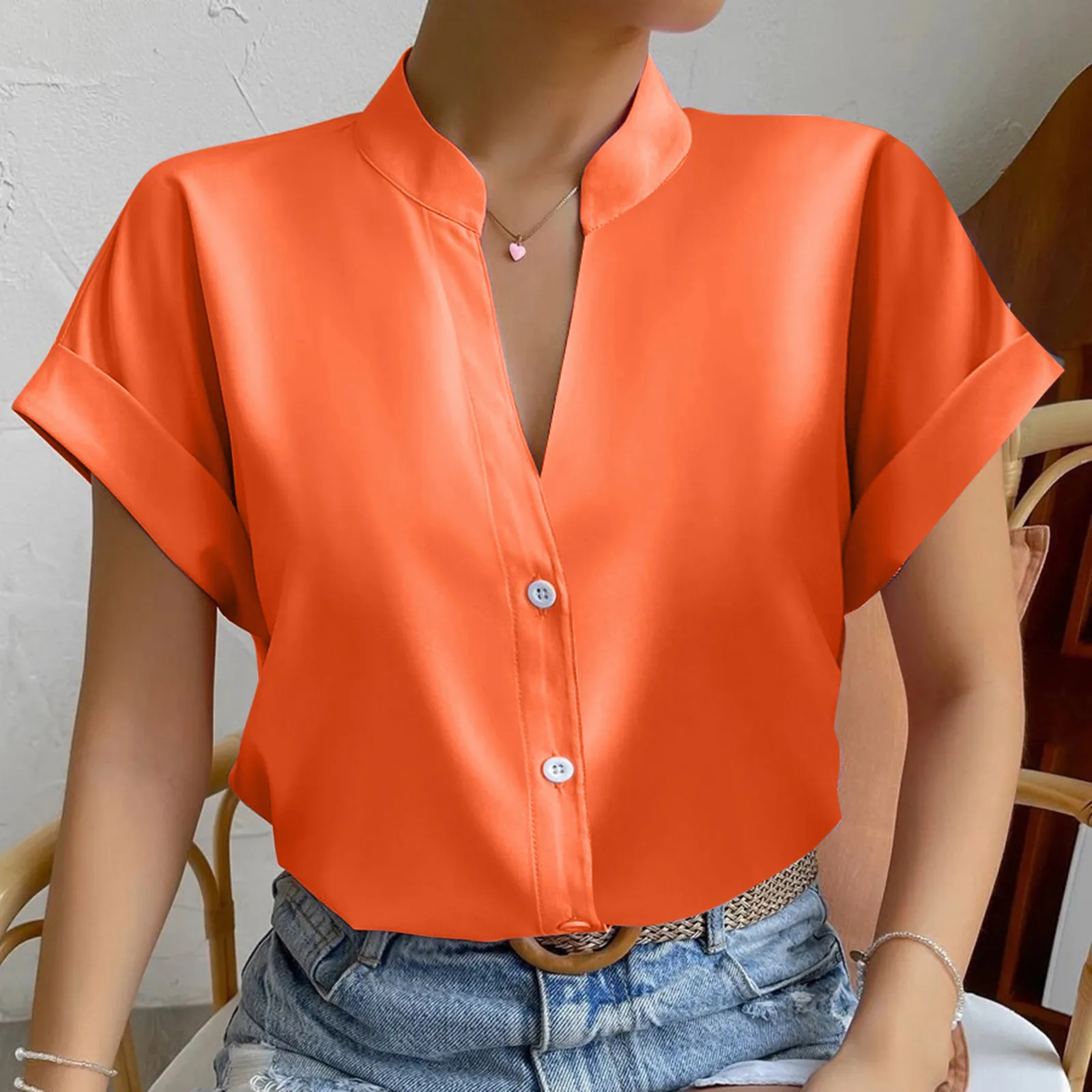 Summer 2025 Women's Satin V-Neck Short Sleeve Shirt – Elegant & Chic