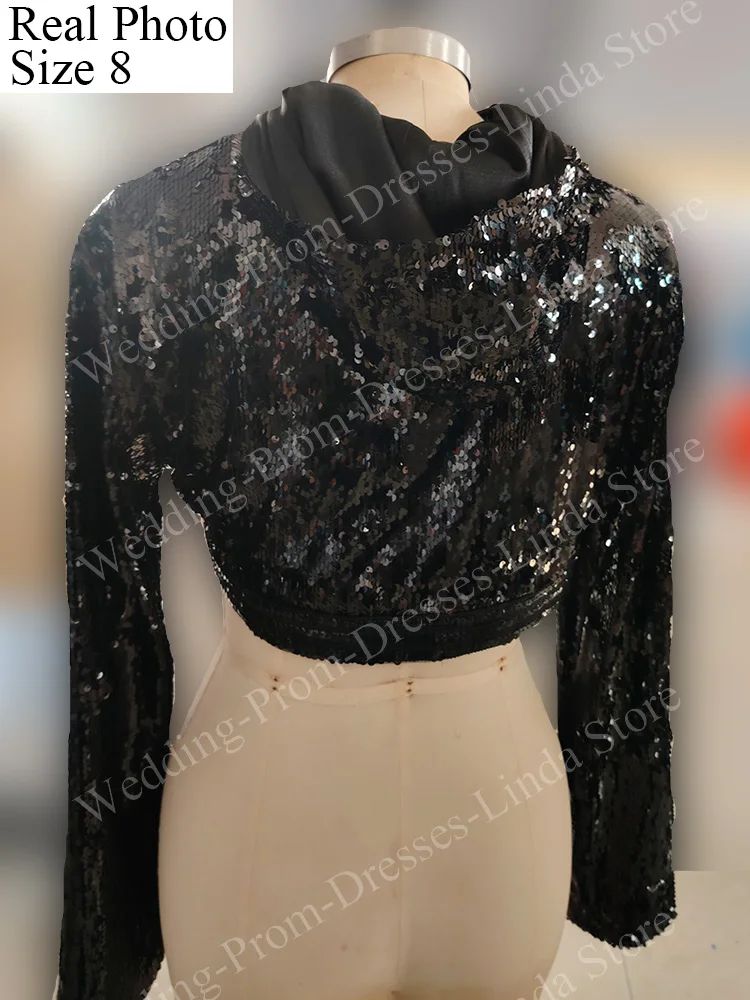 Women Black Shiny Sequins Hoodie Jacket Long Sleeve with Pleats Special Events De Graduaci&oacute;n