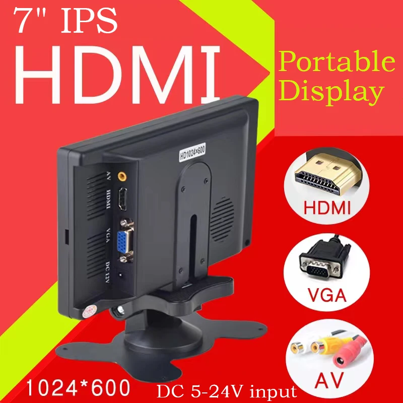 7inch IPS Portable Display HD 1024x600 Screen AV CCTV Monitor For