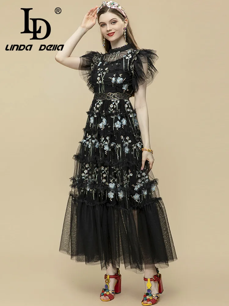

LD LINDA DELLA 2023 Summer Runway Fashion Dress Women Short Sleeve Flower Embroidery Black Mesh Vintage Party Long Dress