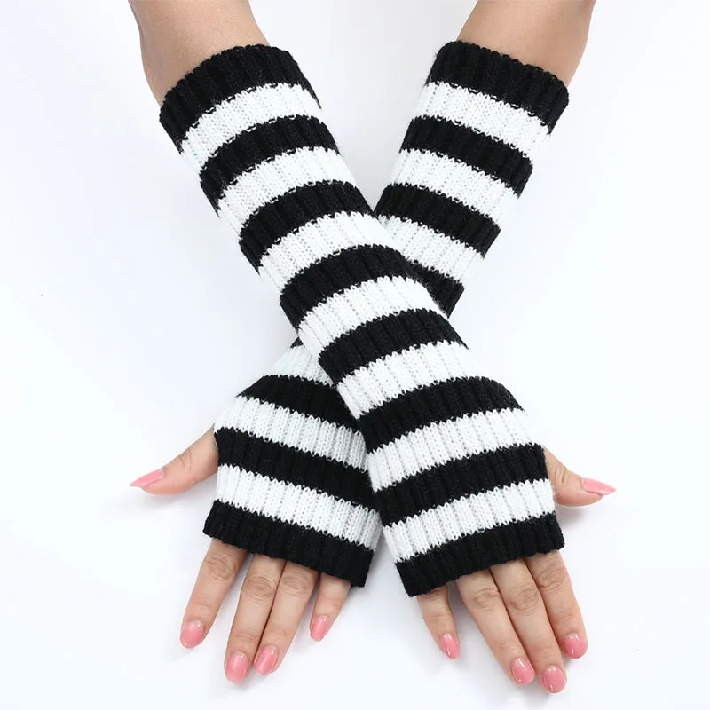 1Pair Knit Fingerless Gloves Women Soft Black White Stripes Warm Knitted Arm Warmers Winter Hand Accessories Stylish Elastic