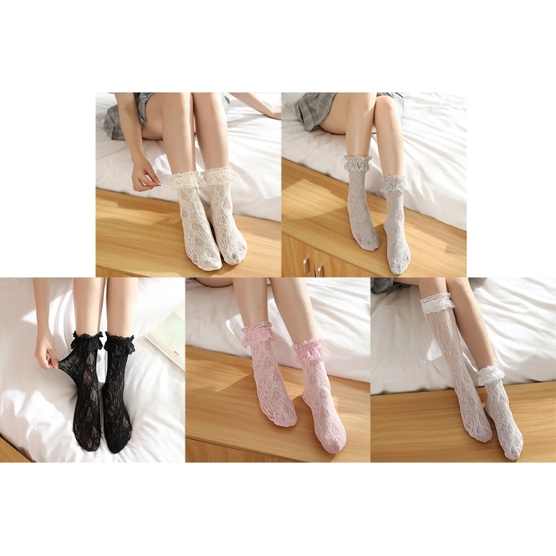 Women Floral Lace Anklet Socks with Ruffle Cuff Japanese Solid Color Sheer Fishnet Hosiery