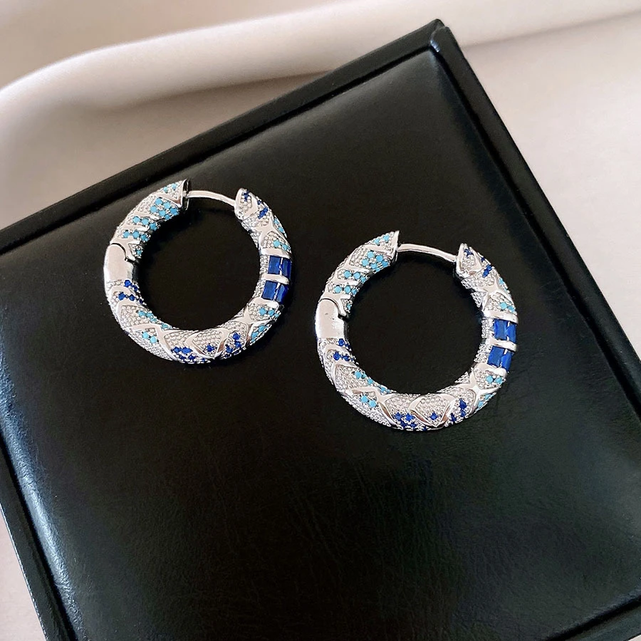 Blue Zircon Enamel Hoop Earrings 5