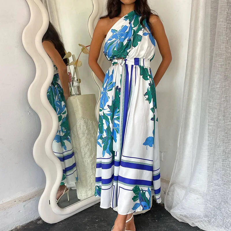 

Fashion Skew Collar Floral Print Beach Dress Summer Elegant Hollow Shoulder Folds A-line Dress Casual Women Tie-up Long Dress