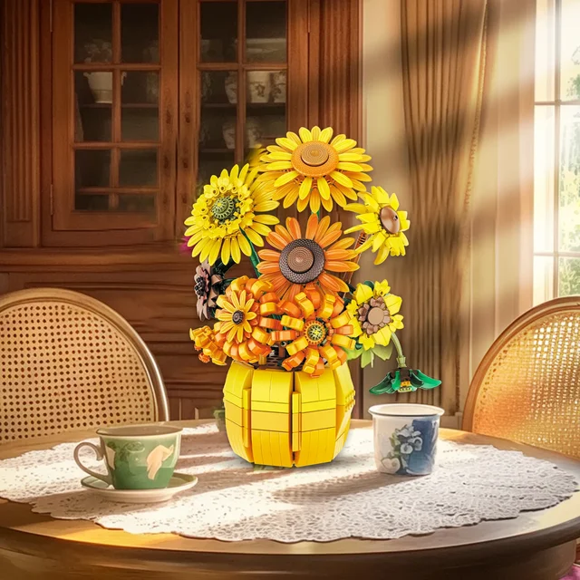 1009PCS Sunflower Building Blocks Flower Bouquet Vase Model Bricks Set Idea Home Decoration Kids Educational Toys Holiday Gifts 3