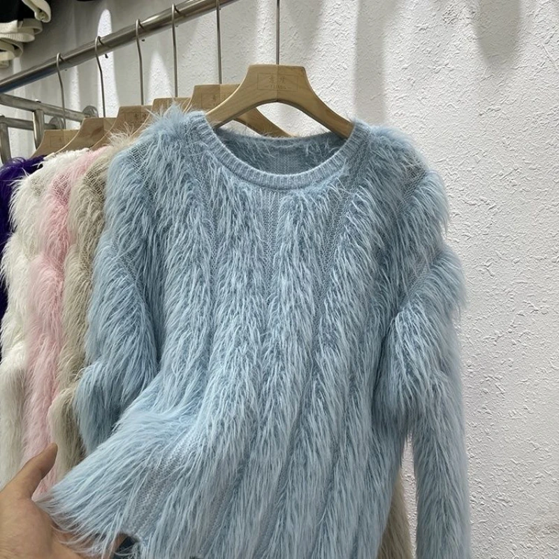 

Women Faux Fox Fur Striped Fluffy Sweater Fall Winter Gentle Mink Cashmere Pullovers Wool Knit Undershirts Hairy Knitwear Tops