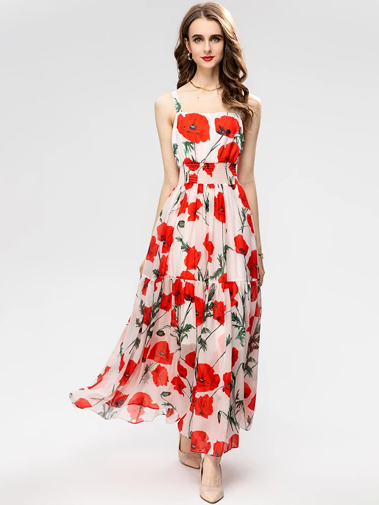 

MoaaYina Fashion dress Designer Summer Women's Dress Spaghetti Strap Flower Printing Elastic Waist Casual Vacation Dresses