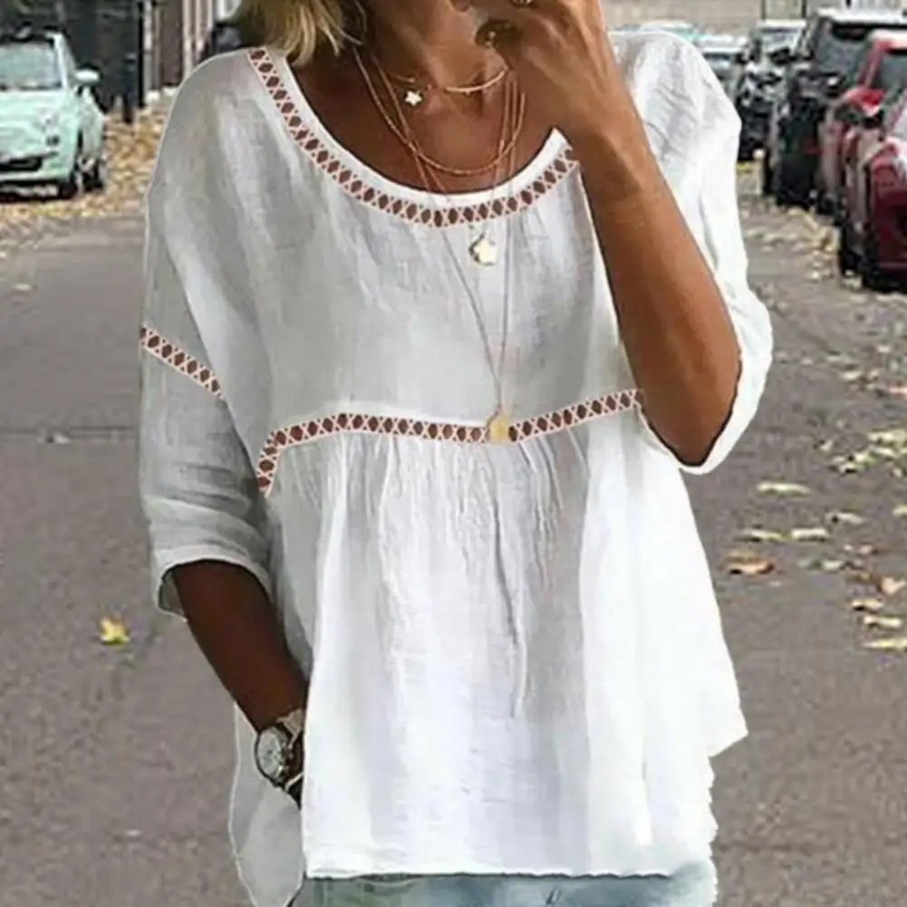 Women Summer T-shirt Hollow Out Solid Color Mid Length Blouse Loose Round Neck Lady Summer Top Female Clothes Camisa De Mujer