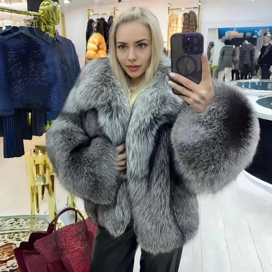 Manteau Court Hiver Femme Fourrure Renard Véritable - Col Grand Revers, Neuf Avec étiquettes