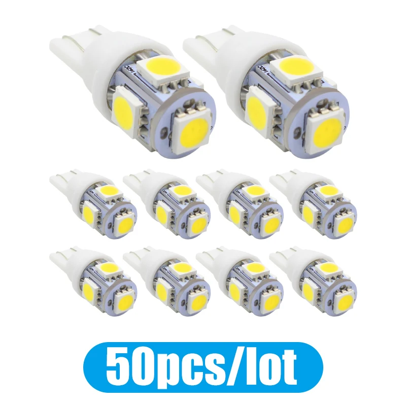 

50 шт., светодиодные лампы T10 W5W 5 SMD, белые, синие, красные, желтые, зеленые 194 168, Сверхъяркие лампочки с клиновидным цоколем, лампы 12 В, 5050 SMD