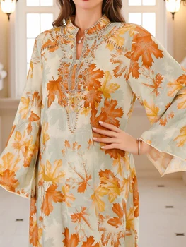 Women's Stand Collar Vintage Maxi Dress Summer Holiday Long Sleeve Retro Printing Party Dress Casual Loose Ladies Dress Vestidos 1