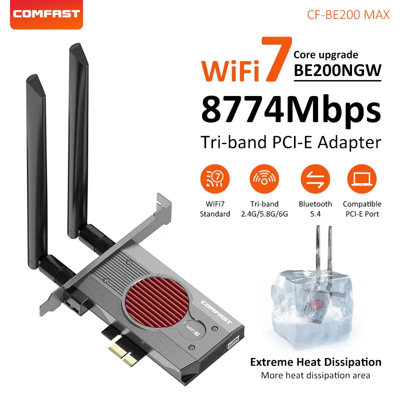 Adaptador sem Fio com High Power Trid Band Intel Be200 Pci-e Wifi Placa de Rede Bt5.4 8774mbps 2.4g 5g 6ghz Windows 10 11 Linux
