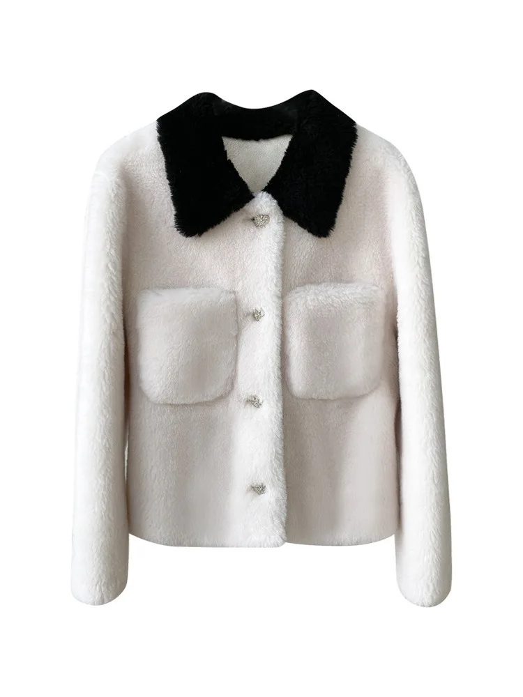 여성용 양모 원피스 모피 짧은 재킷, 라펠 인조 모피 코트, 여성 의류, 2023 가을 및 겨울 신상