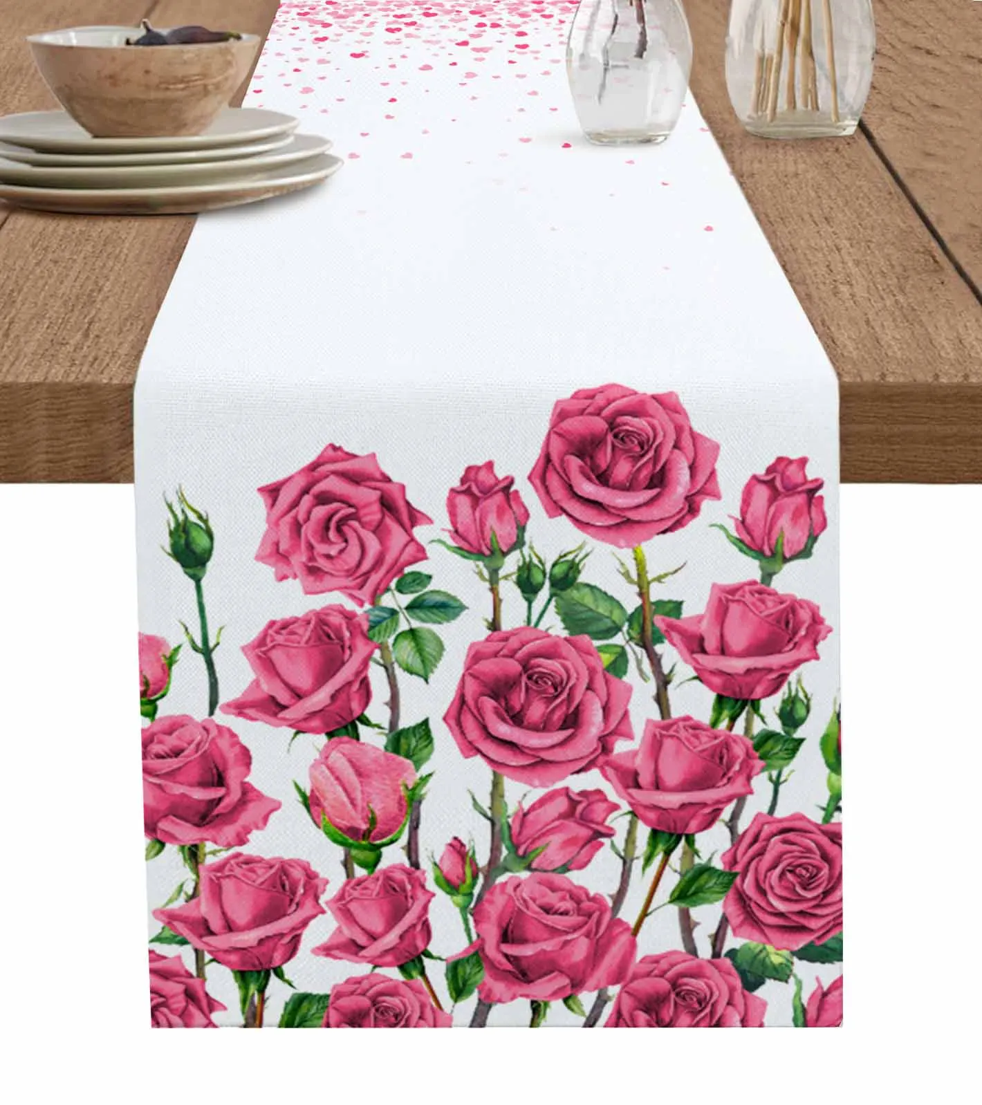 

Valentine'S Day Love Pendant Pink Rose Flower Linen Table Runner Kitchen Table Decoration Dining Tablecloth Wedding Party Decor