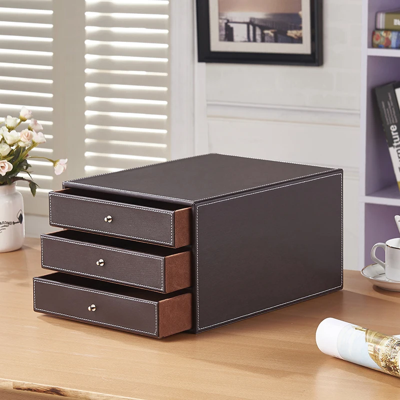 3-layer 3-drawer wood leather desk set filing cabinet storage box drawer office organizer document container holder brown 213B