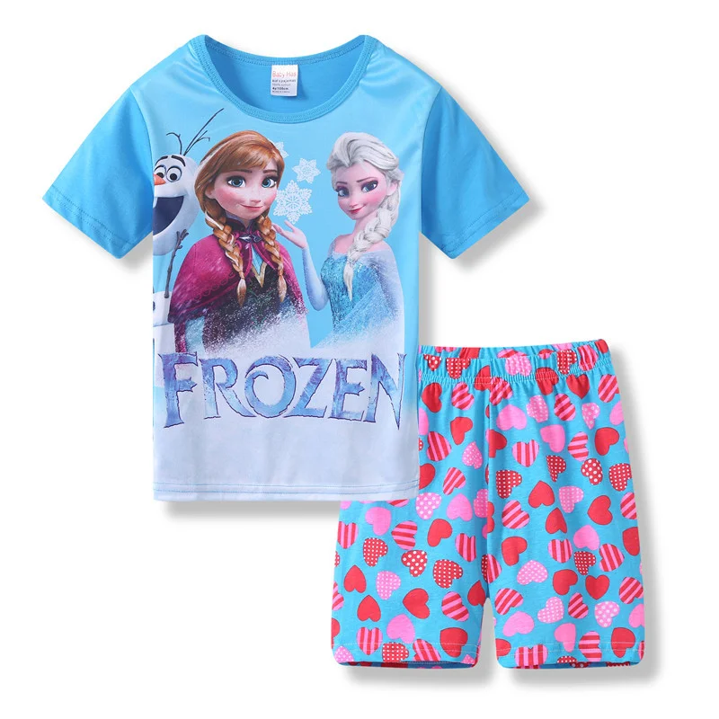 thumbnail image 1 of Disney-Conjunto de ropa de Frozen Elsa para niños, pijamas Kawaii para bebés, camiseta para niños, pantalones cortos, trajes, ropa de algodón, regalo, novedad de verano, 1 of 5