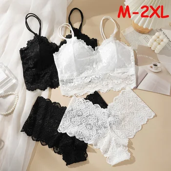 Women's Sexy Lace Bra Suit Solid Set Beautiful Back Hollow Out No Steel Ring Underwear With Lace Flower Breathable Panties 1