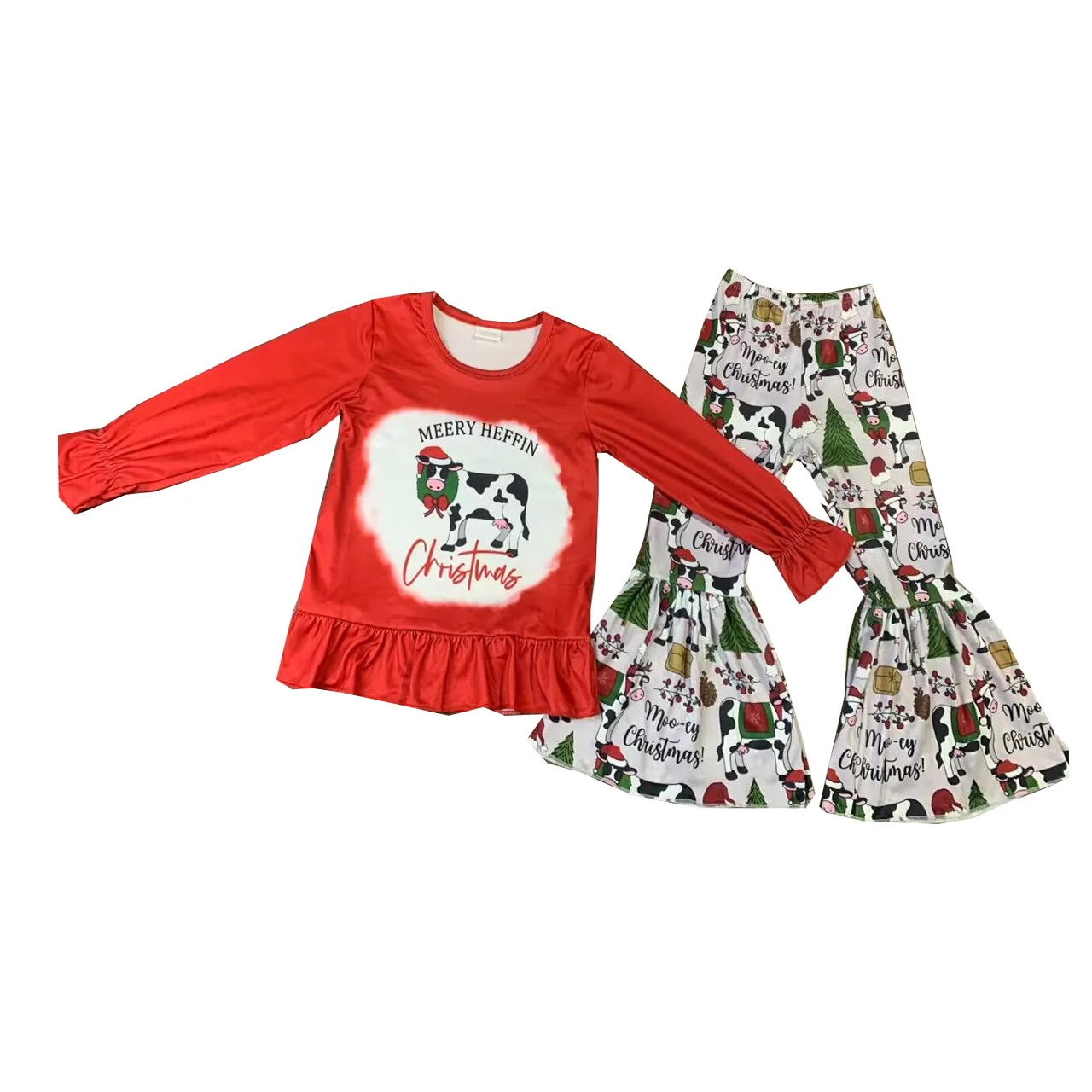 

Fashion girls' boutique clothing Christmas Day Cow Long sleeve top with Bell Bottom pants children's clothing