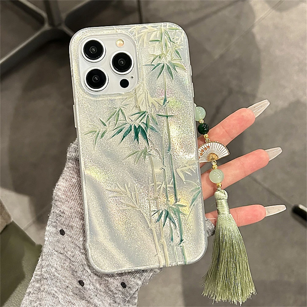 Chic Green Bamboo Feather Yarn Texture Case - Stylish & Durable Protection