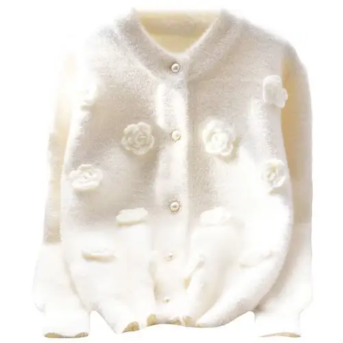 Woman Flowers Knitted Cardigan Female Mink Cashmere Loose Jacket 2025 Autumn Winter Woman Elegant O-neck Knitwear Coat Sweater - Image 6