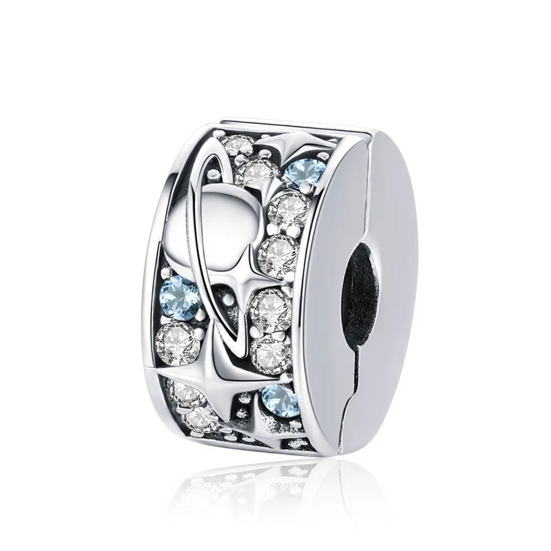 925 Sterling Silver Clip Spacer Charm - Geometric Blue White Crystal Bracelet Bead Stopper