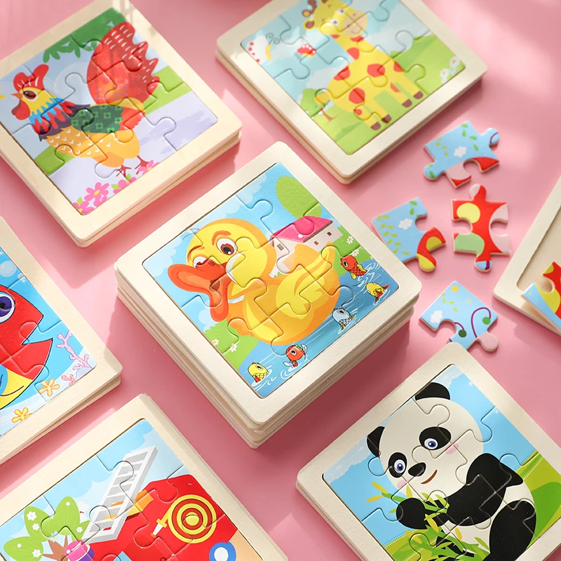9 Pieces Montessori Wooden Kid Toy 3D Children Education Materials Cartoon Dinosaur Transportation Puzzles Learning Toys 2