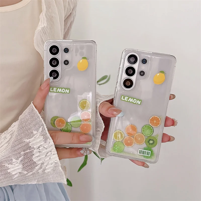 Glitter Quicksand Slider Lemon Case - Ultra Soft Silicone Dynamic Liquid Phone Shell