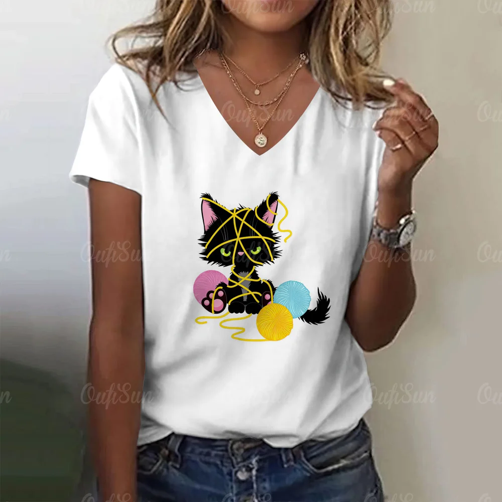 Summer New Women's Fashion T-Shirt V-Neck Daily Top Shirt Casual Women'S 3d Cartoon Printed T Shirt Regular Street Femmes Wear