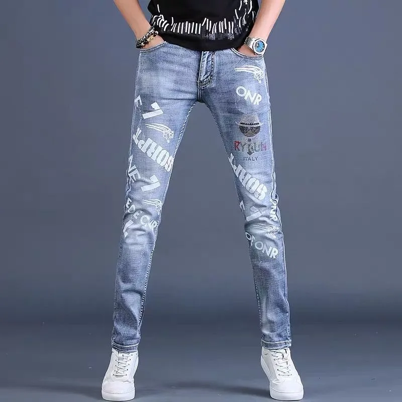 

High Quality Men’s Blue Denim Pants,Classic Colorful Diamond Embroidery Decors Street Jeans,Slim-fit Korea Version Casual Jeans;