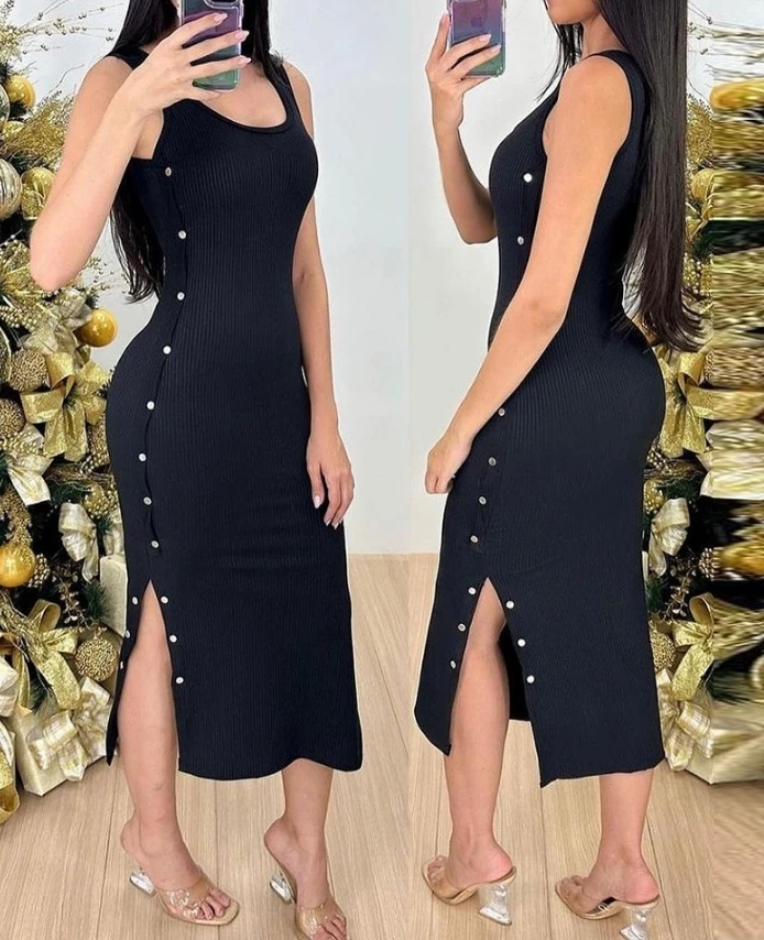 

Women Sexy Elegant Dresses 2024 Summer New Fashion U-Neck Buttoned Slit Ribbed Sleeveless Dress Casual Female Clothing Outfits