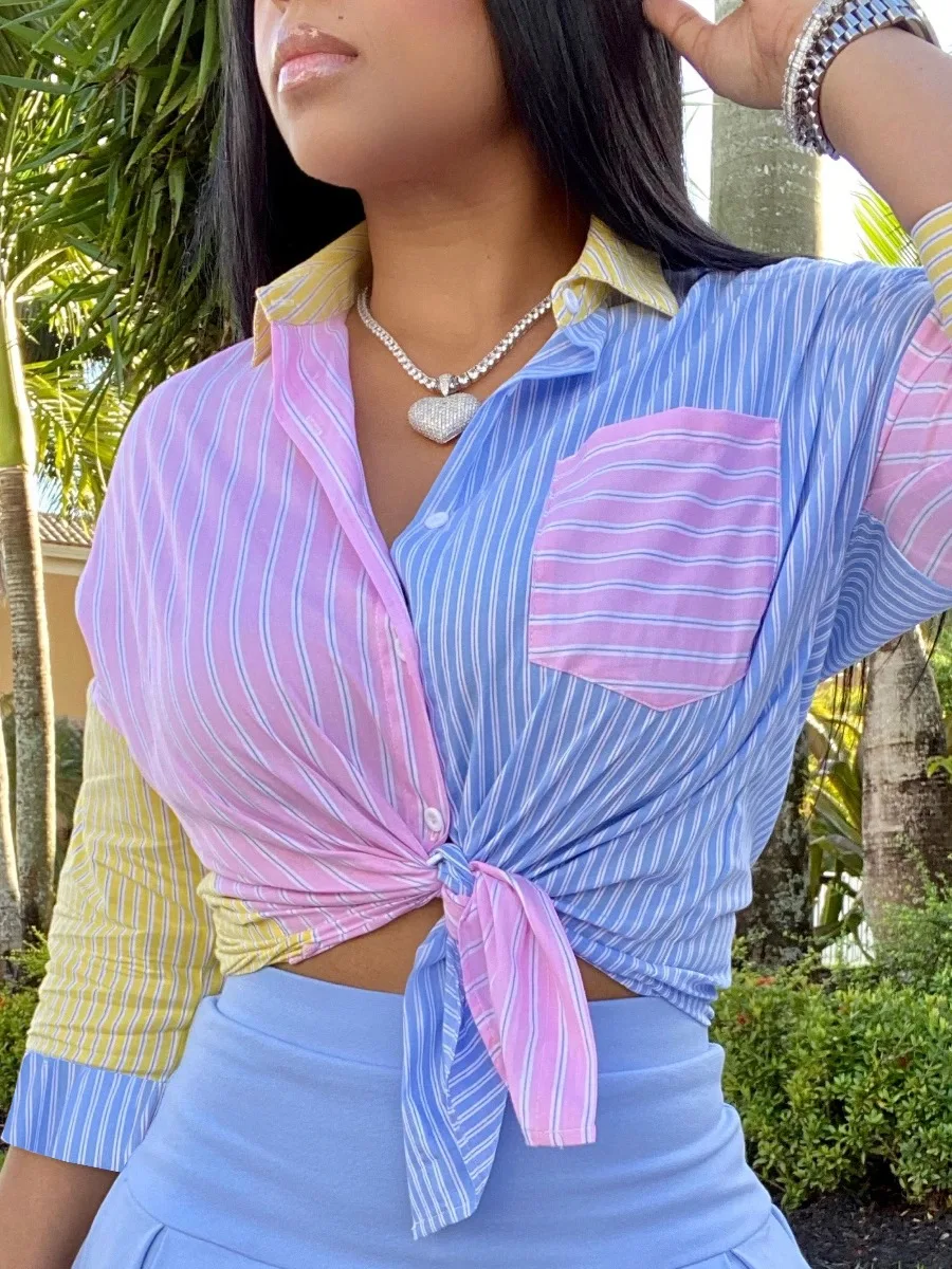 LW 2023 Autumn New Women Clothes Fashion Casual Streetwear Contrast Striped Pleated Sweet Baby Blue Two Piece Skirt Set