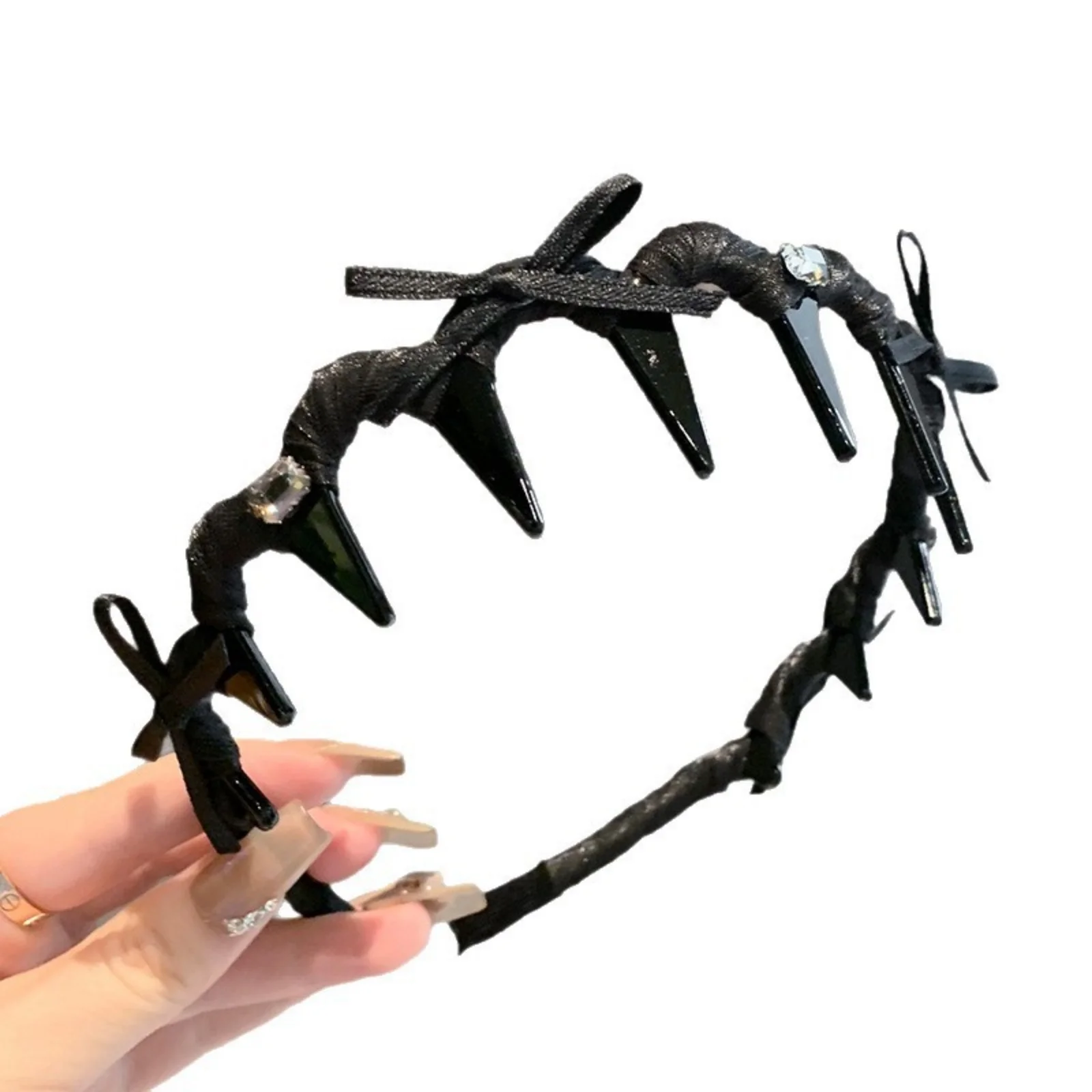 1PC Stylish Ribbon - Wrapped Hair Claw Headbands: Black & White with Rhinestones, Trendy Hair Accessories