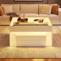 Table basse multifonctionnelle brillante 70x70x35cm avec 2 tiroirs, verre trempé LED, design moderne et innovant, table d'appoint pour canapé 6