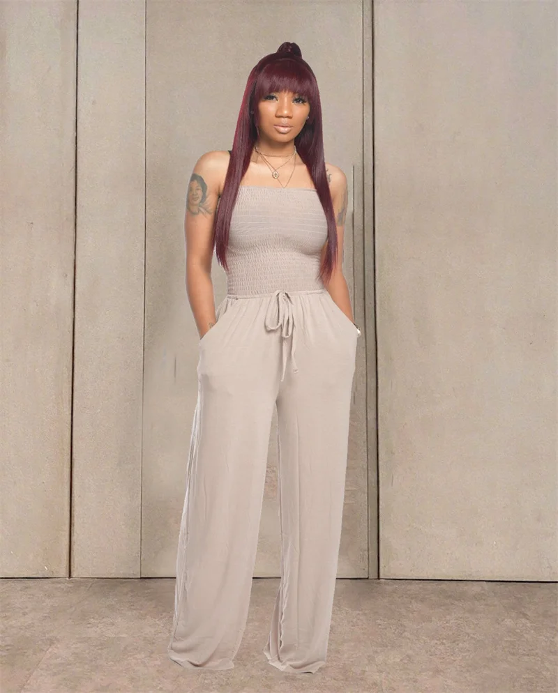 Hot Sale – Off Shoulder Solid Color Smocked Jumpsuit