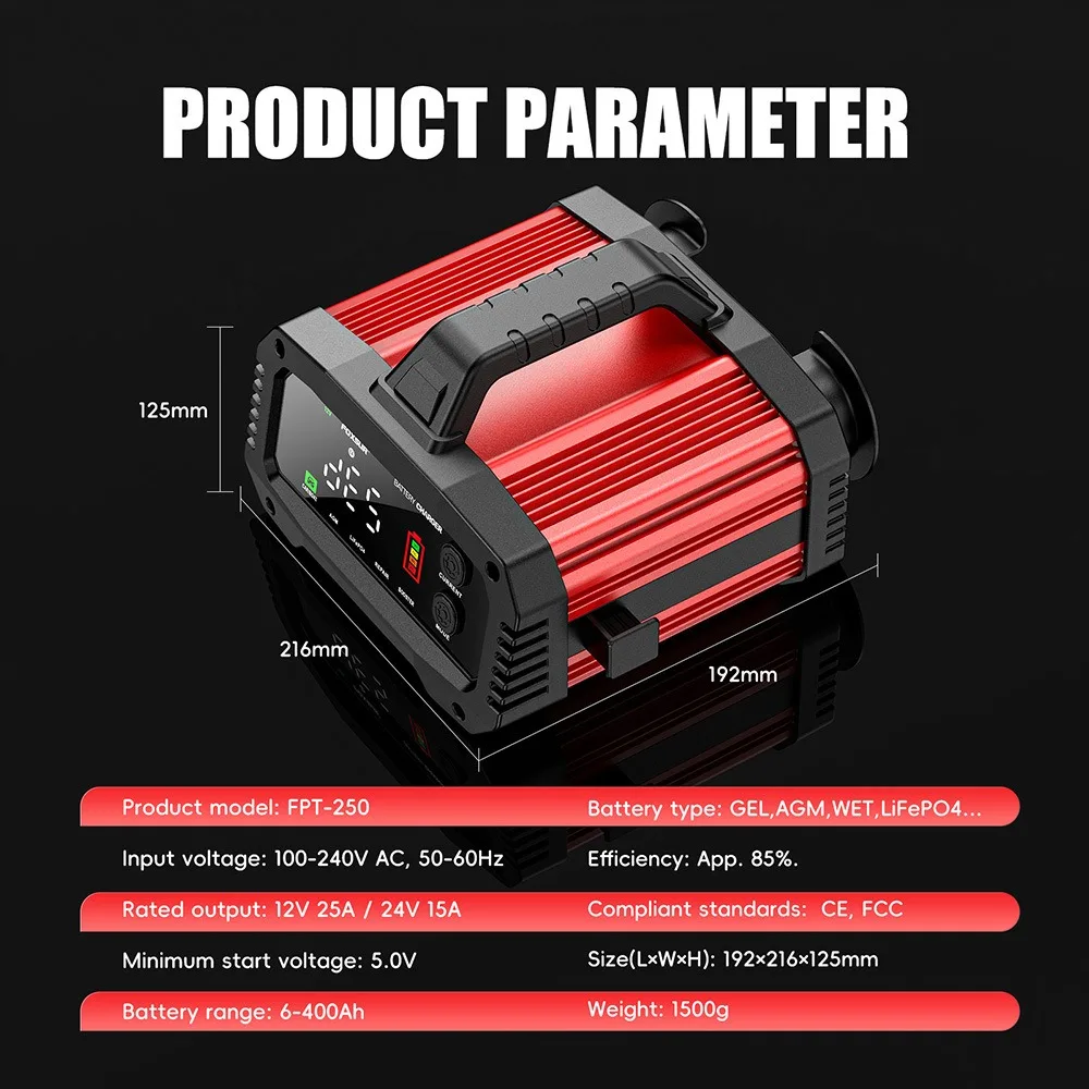 Enhanced 25A Portable Smart Battery Charger with Pulse Repair and Booster