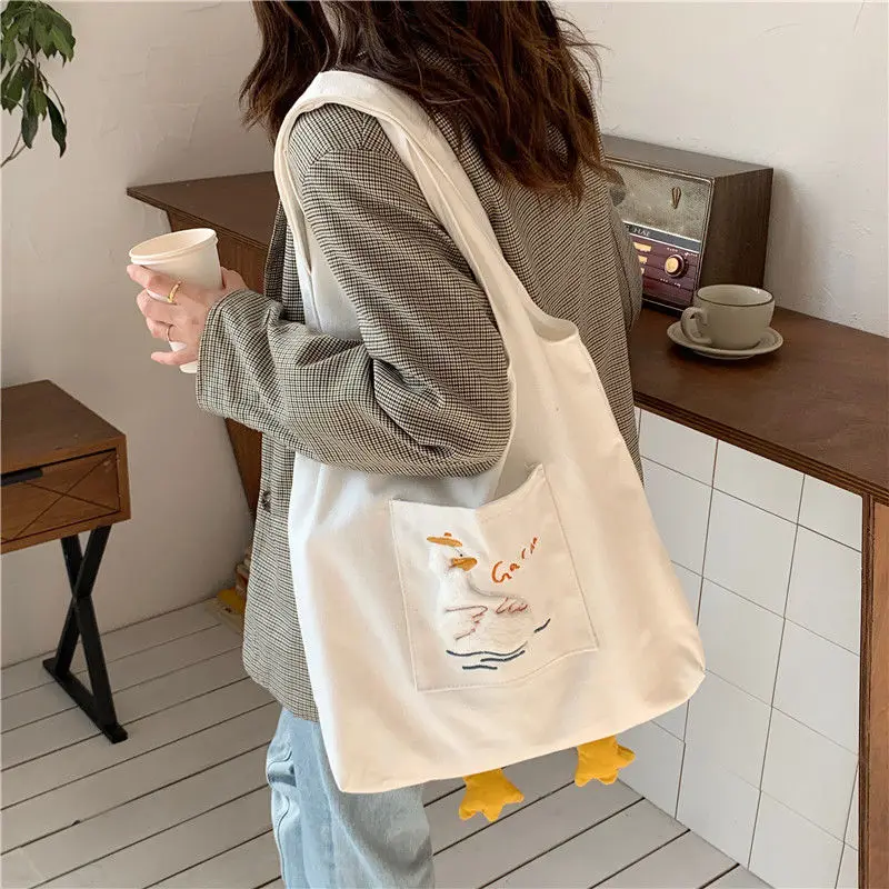 Cartoon Shoulder Bags Kawaii Canvas Bags Handbag for Women Shopper Cute Duck Tote Bag Japanese Style