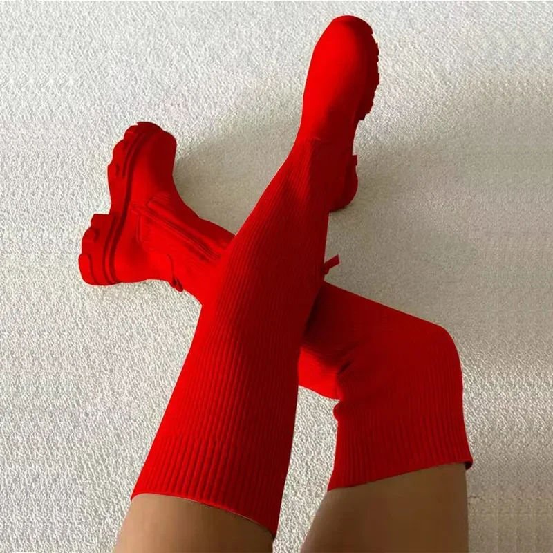 Women Over Knee Boots Thick Heel Slim Fit Winter Velvet Stretch Boots Ladies Autumn Winter Platform Boots Botas Mujer Goth Boots