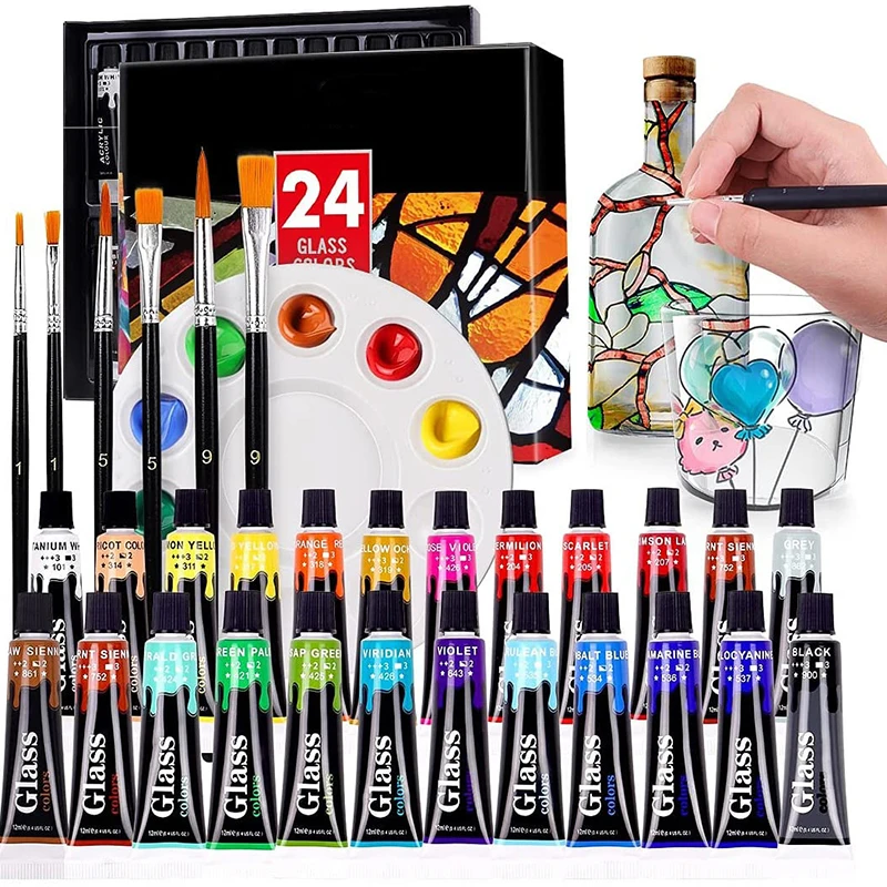 12 24 Colors Stain Glass Paint Set 6 Nylon Brushes 1 Palette Waterproof Acrylic Enamel Painting Kit for Art Supplies