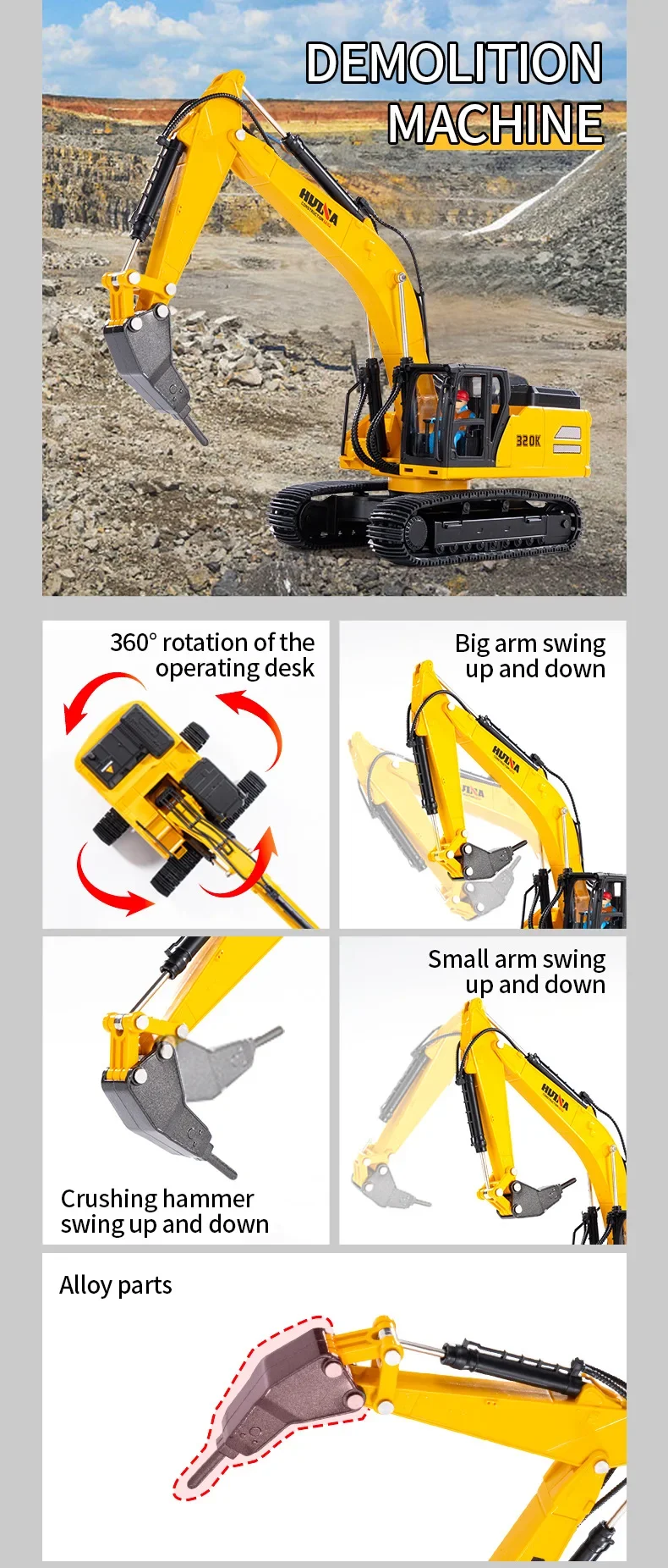 Huina Nowy produkt Statyczna koparka zrzutowa Symulacja pojazdu inżynieryjnego 1:35 Dekoracja zabawek dla dzieci Bez pilota