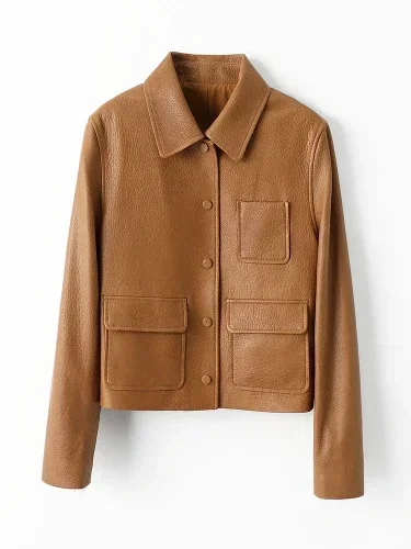 thumbnail image 1 of Abrigo de piel de oveja con grano de lichi real para mujer, tendencia primavera otoño 2024, diseño simple con múltiples bolsillos, chaqueta de cuero genuino recortada, 1 of 5