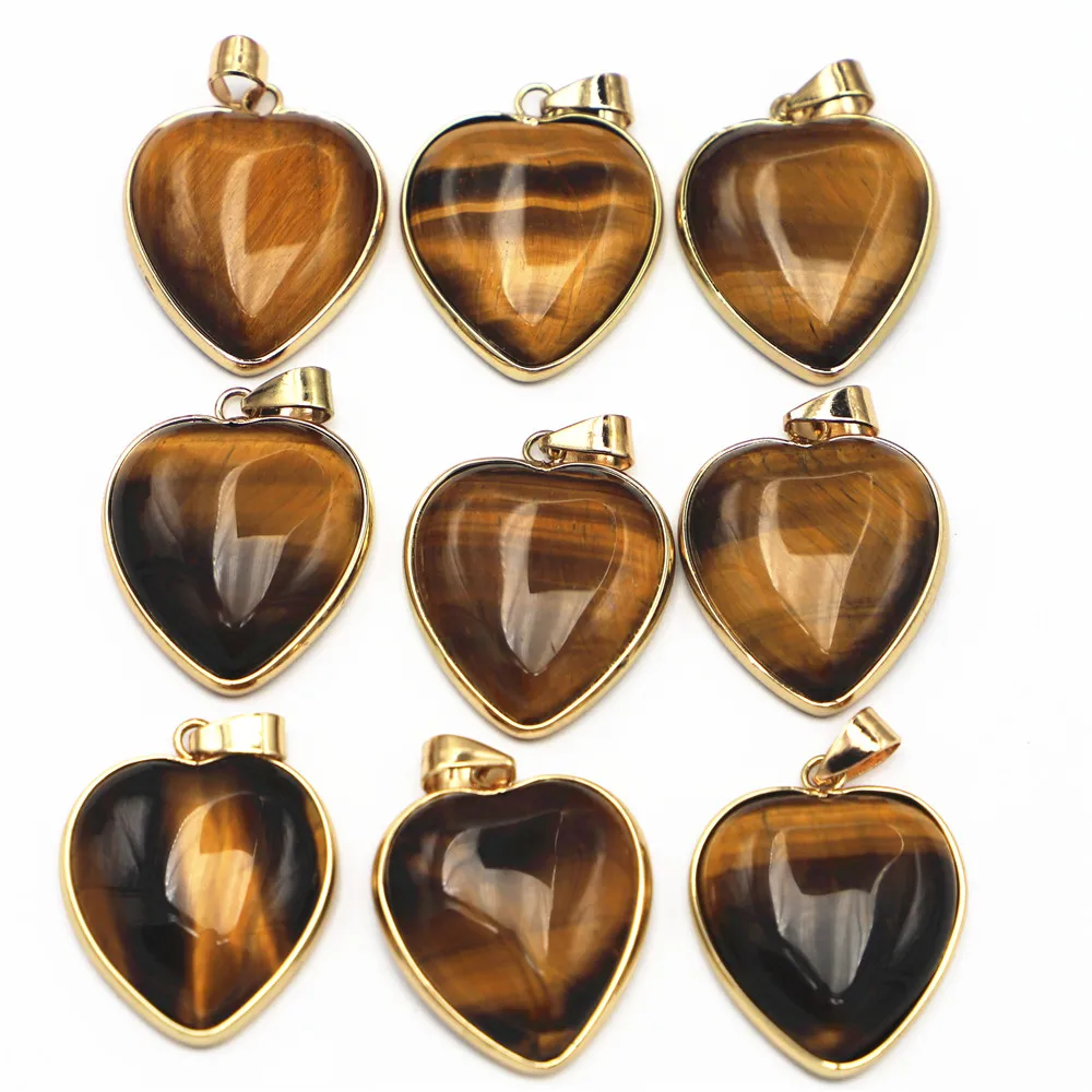 

Good Quality Natural Tiger Eye Stone Gold Plate Side Heart Pendants 25mm for Men Jewelry Making Wholesale 12pcs Free Shipping