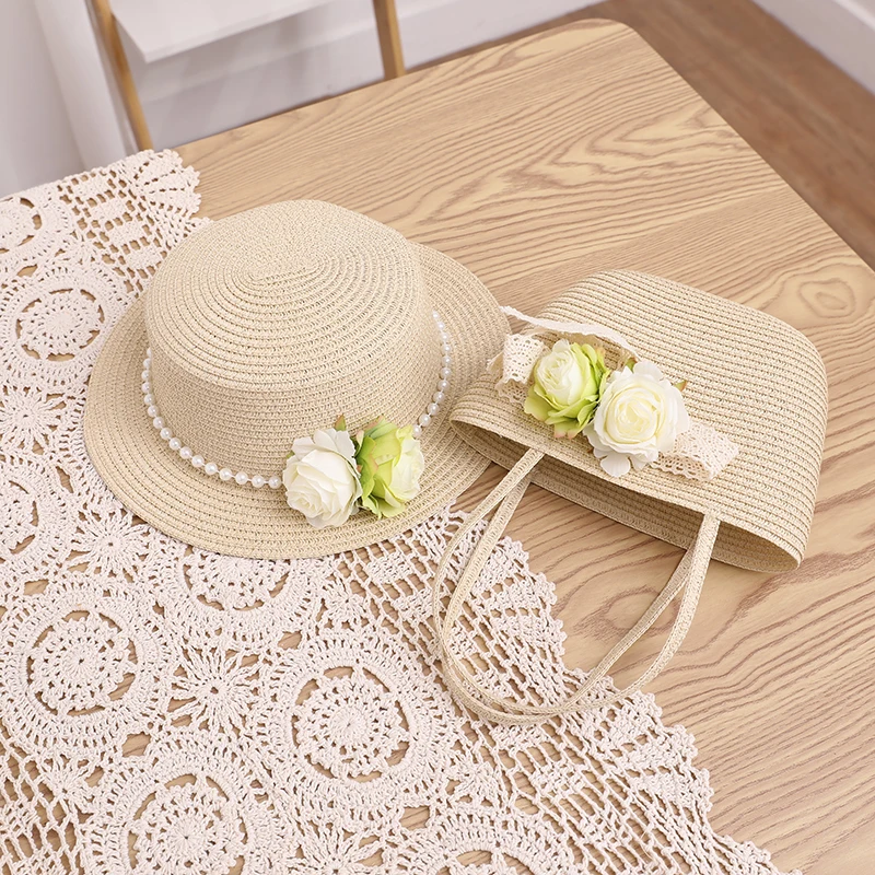 French Elegant Retro Summer Straw Hat Bag Set for Women and Girls Pearl Floral Hat Mom Kid Holiday Outdoor Travel Beach Sun