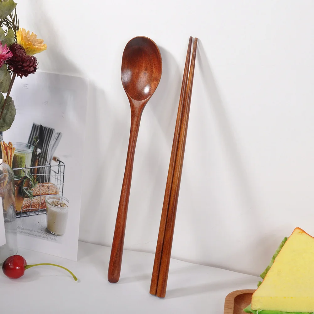 Teak Wooden Spoons and Chopsticks Set Non-Stick Spoons Soup-Teaspoon for Kitchen Cooking Utensil Tools