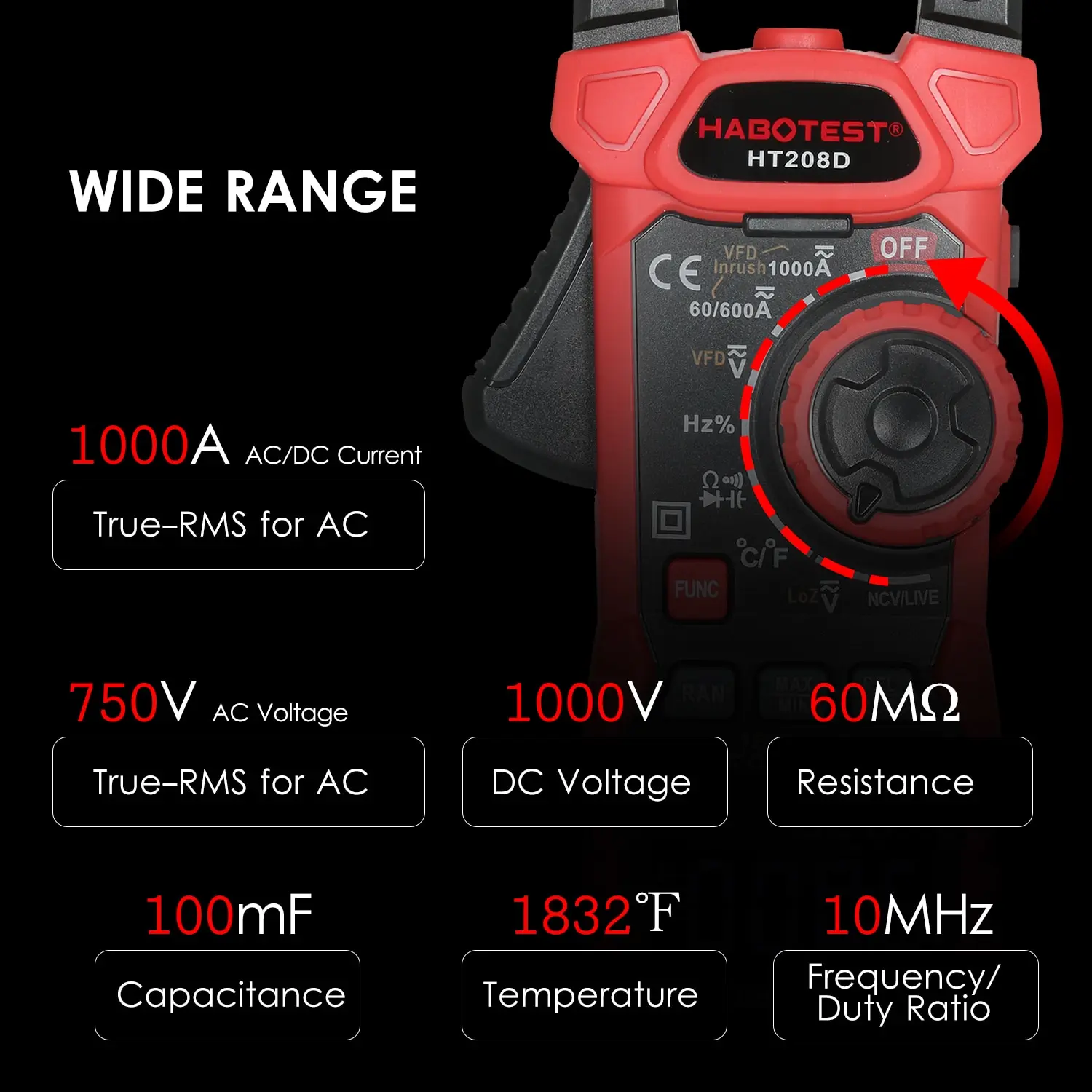 HABOTEST HT208D AC/DC Digital Clamp Meter True-RMS Multimeter Anto-Ranging Tester Current Clamp with Amp Volt Ohm Diode digital multimeter clamp meter