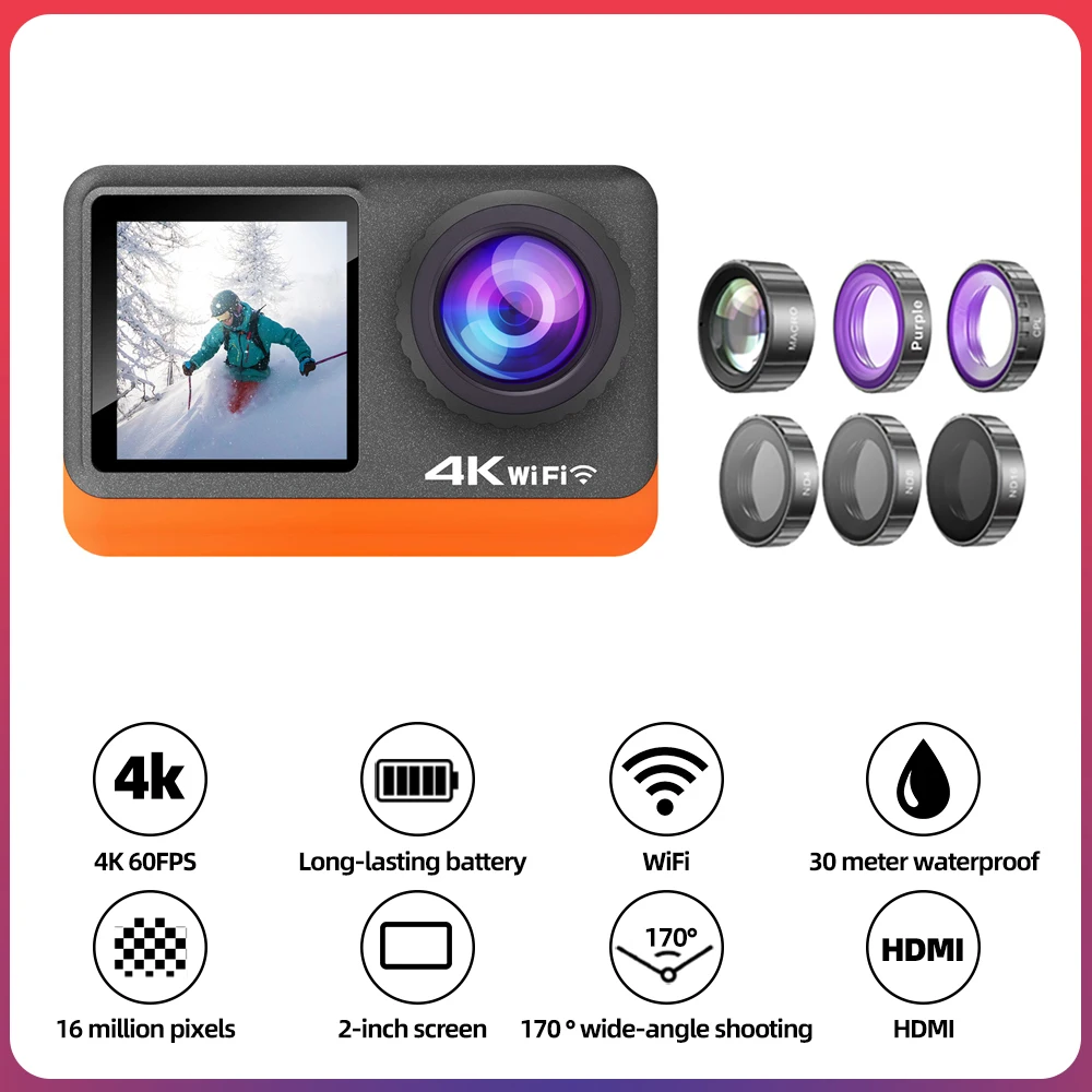 Экшн-камера Ultra HD 4K60FPS, сенсорный экран 2,0 дюйма, двойной экран IPS, 24 МП, Wi-Fi, 170D, EIS, 30 м, водонепроницаемый дополнительный фильтр, 1080P Веб-камера